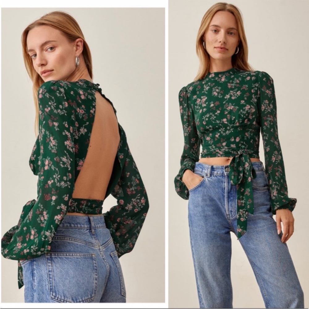 Reformation Green Backless Tie Front Blouse
